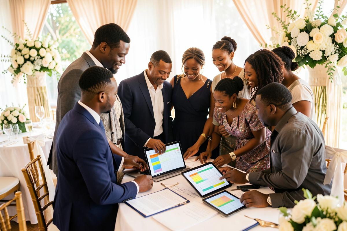 Equipa de decoradores de casamento a planear o orçamento do evento na planilha, com decorações à volta