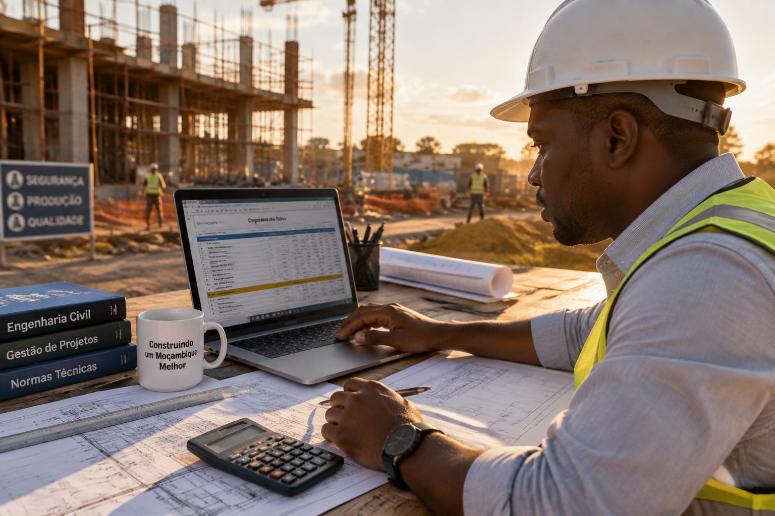 Engenheiro civil moçambicano a preencher um orçamento de obra no computador na obra